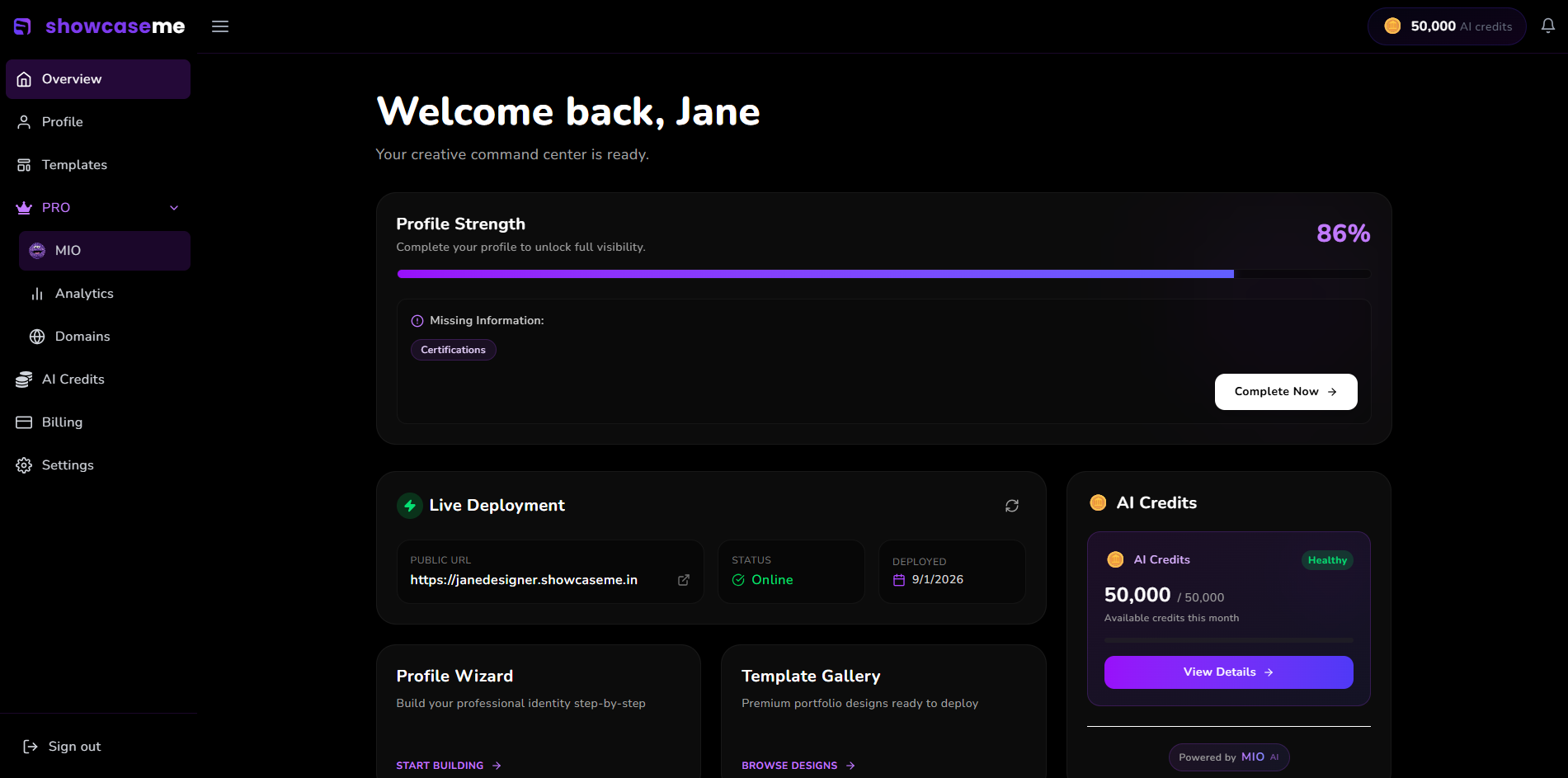 The Showcaseme dashboard